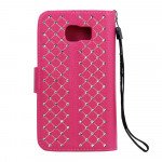 Wholesale Samsung Galaxy S6 Star Diamond Flip Leather Wallet Case with Strap (Hot Pink)